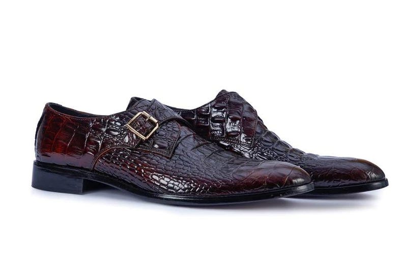 Handgefertigte schwarze Alligator Krokodilleder Single Monk Strap Luxus Slip-On Dress Schuhe für Männer Bild 7
