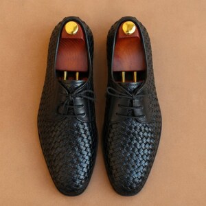 Handmade Black Woven Derby Shoes Mens Leather Formal Dress Oxfords Luxury Lace Up