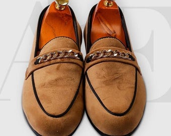Men's Tan Suede Chain Loafers | Handmade Slip On Casual Formal Shoes