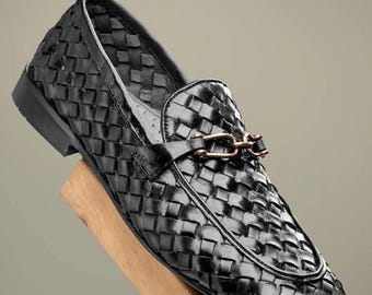 Men’s Black Woven Leather Loafers with Metal Buckle – Handmade Slip-On Dress Shoes
