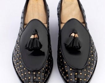 Handmade Black Patent Leather Tassel Loafers for Men – Woven Studded Design Slip-Ons