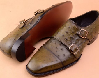Handmade Green Ostrich Leather Double Monk Strap Shoes for Men – Luxury Dress Shoes – Classic