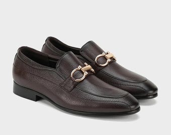 Handmade Brown Gold Horsebit Loafers | Men's Classic Leather Slip-On Dress Shoes