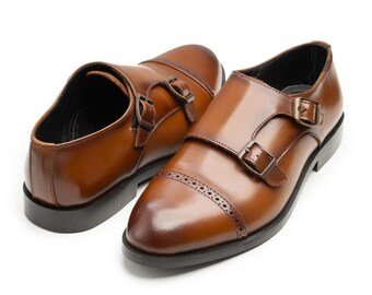 Handmade Men’s Genuine  Brown Leather Double Monk Strap Shoes –Formal Dress Shoes,