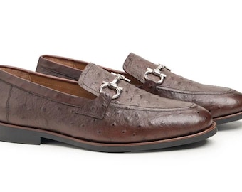 Handmade Brown Ostrich Leather Stylish Loafer Shoes for Men’s