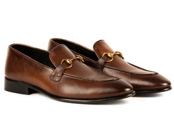 Handmade  Brown Leather Horsebit Loafers – Classic Slip-On Formal Dress Shoes, for Men