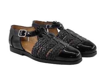 Handmade Black Woven Leather T Strap Flats, Women Fisherman Sandals, Patent Leather Buckle Shoes, Summer Dress Flats