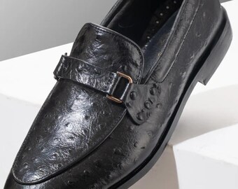Handmade Black Ostrich Leather Loafers: Men's Luxury Slip-On Shoes with Buckle Strap