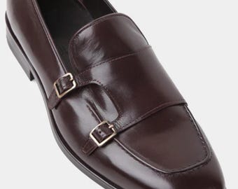 Handgefertigte weinrote Leder Doppel Monk Strap Schuhe - Herren Business Style