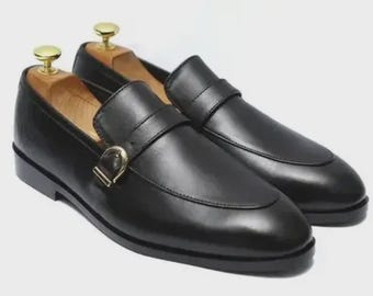 Handmade Black Leather Monk Strap Oxford Shoes| Bespoke Formal Dress Shoes