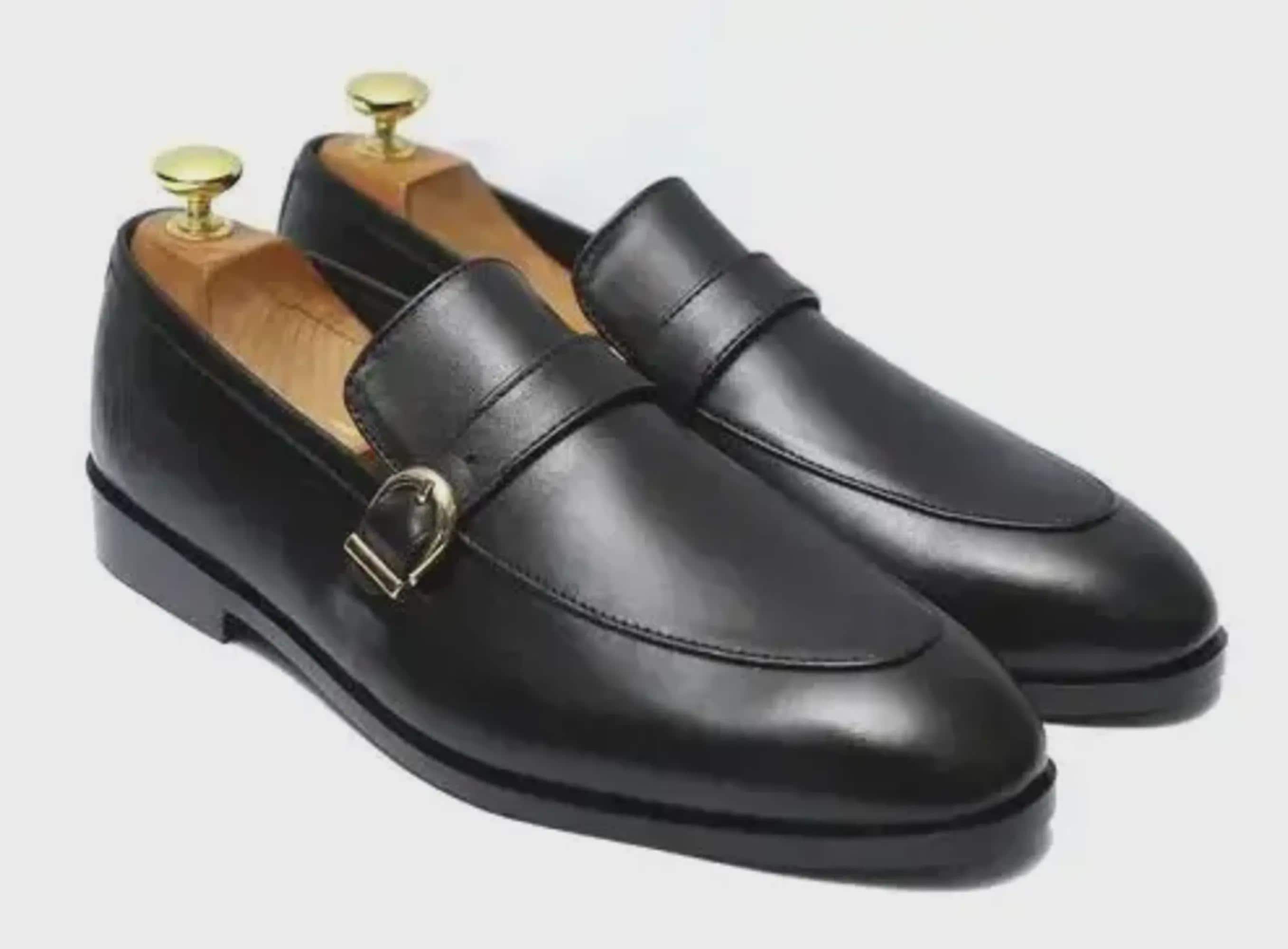 Handmade Black Leather Monk Strap Oxford Shoes| Bespoke 