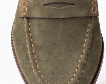 Men's Green Suede Loafers, Handmade Leather Slip On Shoes, Italian Style Moccasins