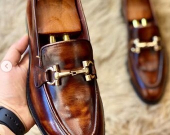 Handmade Brown Patina Leather Loafers for Men •Luxury Slip-On Dress Horsebit Shoes