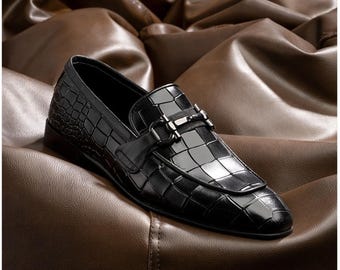 Handmade Black Crocodile Leather Loafers: Bespoke Men Shoes!Italian Style Horsebi