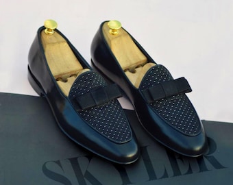 Handmade Black Leather  – Perforated Upper with Bow Tie! Slip-On Dress Shoes