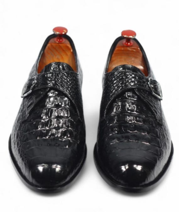 Handmade Black Alligator Crocodile Leather Single Monk Strap Luxury Slip-On Dress Shoes for Men