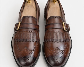 Handmade Brown Monk Strap Loafers Mens Leather Fringe Brogue Dress Shoes