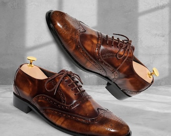 Handmade Brown Leather Oxford Wingtip Brogue Shoes: Formal Dress Shoes
