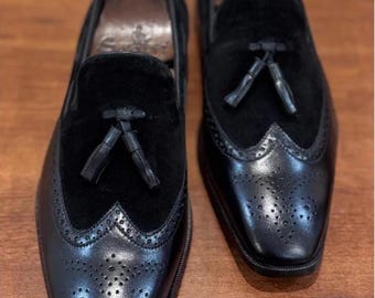 Handcrafte Men’s Black Tassel Oxford – Suede & Leather Wingtip Dress Shoes, Vintage Formal