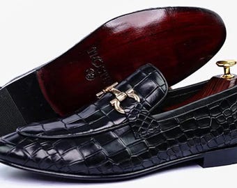 Handmade Black Crocodile Leather Loafers: Bespoke Men's Shoes!Italian Style Horsebit