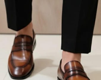 Mocasines marrones hechos a mano para hombre / Zapatos clásicos de vestir de piel sin cordones / Para oficina y bodas