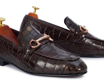 Handmade Brown Crocodile Leather Loafers: Bespoke Men's Shoes!Italian Style Horsebit