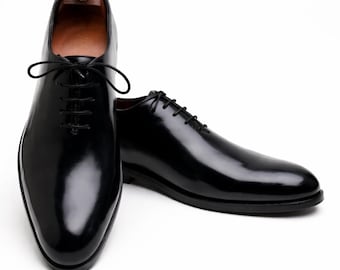 Handmade Black Leather Whole Cut Oxford Shoes- Men's Lace-up Formal Dress Shoes