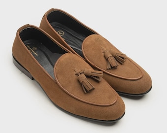 Handmade Tan Suede Tassel Loafers for Men | Soft Slip-On Moccasins | Casual & Dress Leather Shoes