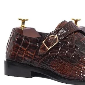 Handgefertigte schwarze Alligator Krokodilleder Single Monk Strap Luxus Slip-On Dress Schuhe für Männer Bild 9