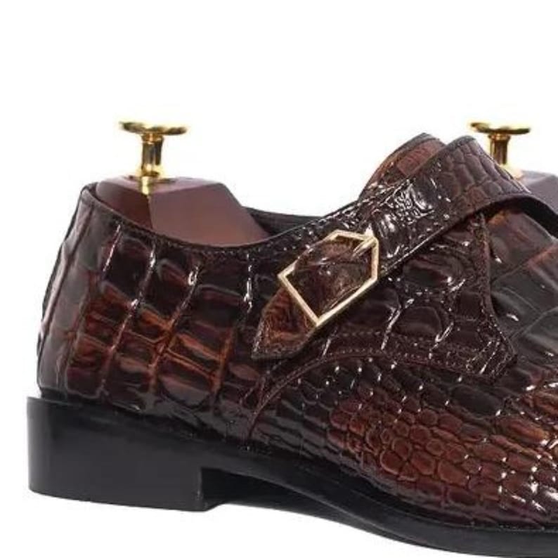 Handgefertigte schwarze Alligator Krokodilleder Single Monk Strap Luxus Slip-On Dress Schuhe für Männer Bild 9