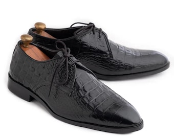 Handmade Men's Croc Alligator Textured Black Oxford Leather Lace-Up Shoes: Luxury Formal Dress
