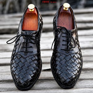 Handmade Black Woven Leather Oxford Shoes: Bespoke Lace-Up Footwear