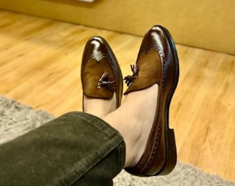 Handmade Brown Suede & Leather Tassel Loafers for Men | Classic Two-Tone Slip-On Shoes