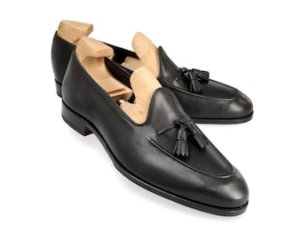 Handmade Black Leather Tassel Loafers for Men | Slip-On Dress Shoes
