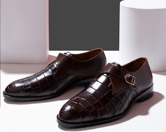 Hanmade Men’s Brown Crocodile Embossed Monk Strap Shoes –  Exotic Leather Formal Dress Shoes,