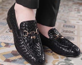 Handmade Black Woven Leather Loafers: Italian Style Tassel Slip-On,Smart casual shoes
