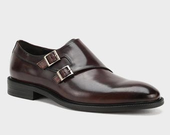Handgefertigte dunkelbraune Doppel Monk Strap Leder. Herren Luxus formelle Anzugschuhe