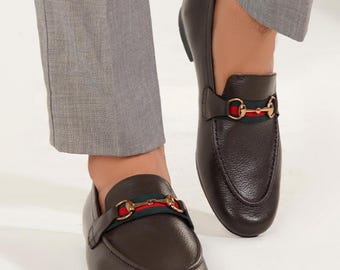 Handmade Brown Leather Horsebit Moccasins – Classic Men's Slip-On Dress Shoes