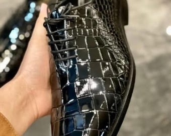 Handmade Men’s Black Alligator Crocodile Embossed Oxford Leather Shoes – Glossy Lace-Up Formal Shoes
