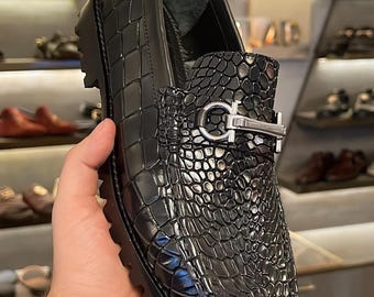 Handmade Black Crocodile Embossed Leather Loafers, Metal Bit Chunky Sole