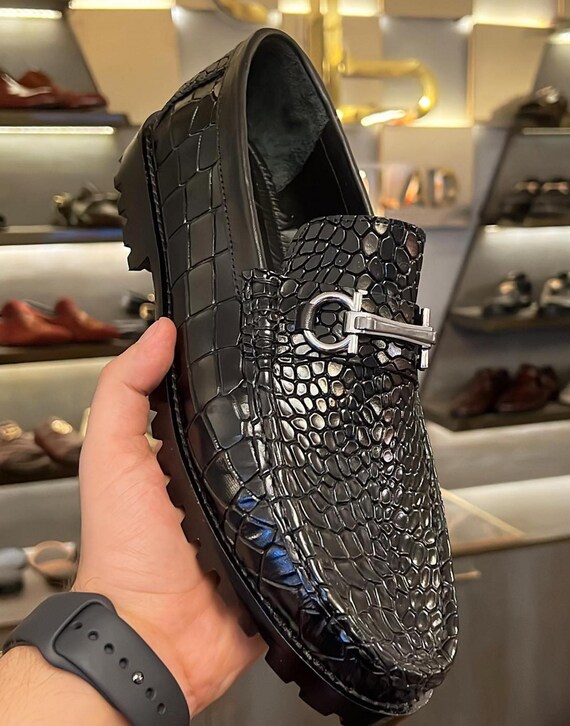 Handmade Black Crocodile Embossed Leather Loafers, Metal Bit