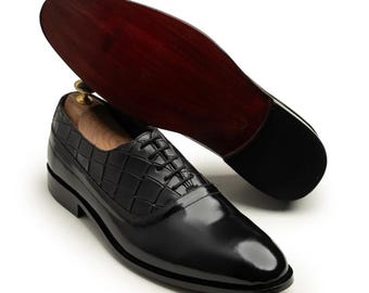 Chaussures richelieu en cuir verni noires faites main, chaussures habillées à lacets en relief croco