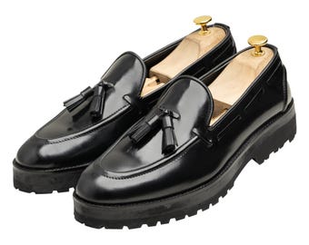 Handmade Black Leather Tassel Loafers –Formal Slip On Dress Shoes for Men