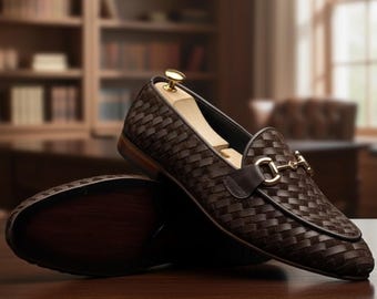Handmade Woven Brown Leather Loafers for Men • Summer Dress  Braided Slip-On Shoes