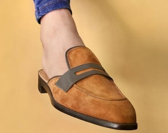 Mocasines de ante marrón para hombre, hechos a mano, sin talón, estilo minimalista, zapatos casuales de vestir para hombre.