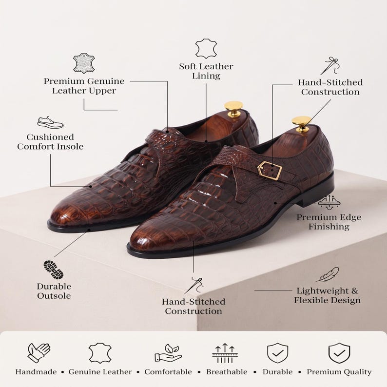Handgefertigte schwarze Alligator Krokodilleder Single Monk Strap Luxus Slip-On Dress Schuhe für Männer Bild 13
