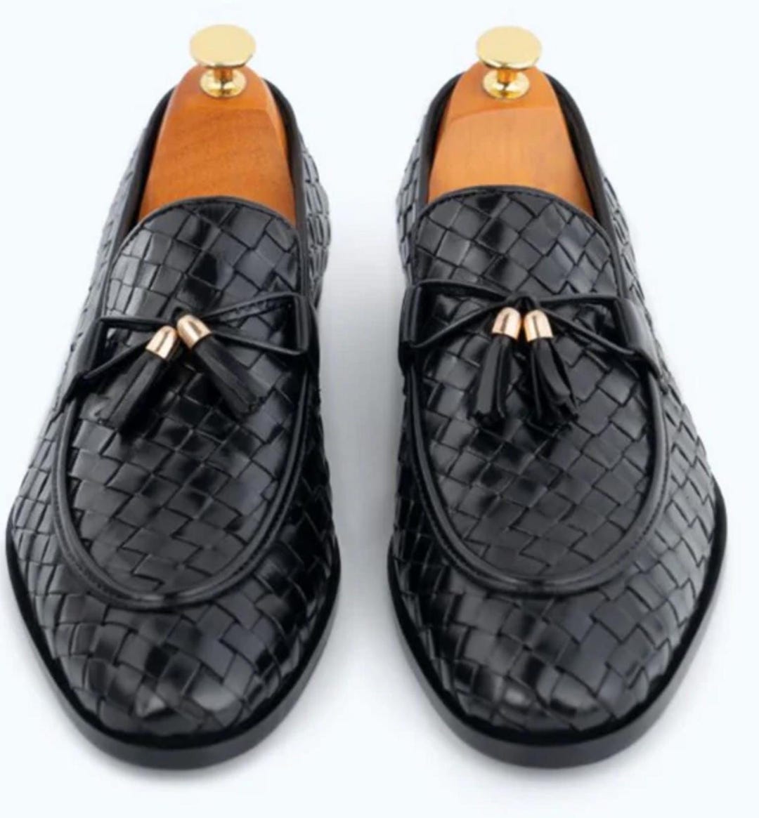 BRASSBOOT Woven Leather Tassel Dress Loafers Black Slip-On Men\'s 9 Spain 00144 Brassboot Mens Black Tassel Woven Slip On Dress Loafers Size  main image 4