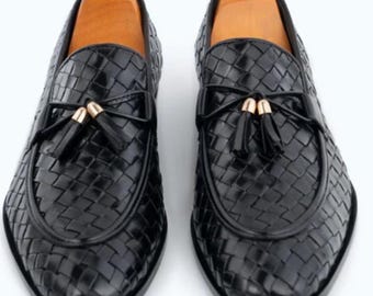 Handmade Black Woven Leather Loafers | Men’s Dress Shoes with Tassels | Formal Slip-On Shoes