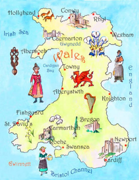 ウェールズ イギリス イラスト地図 マット付き - Etsy 日本