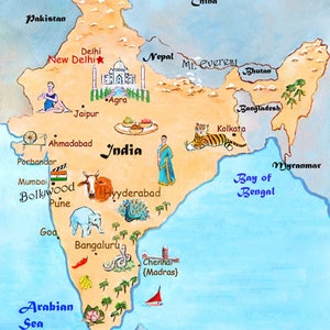 Illustrated Map of India with Cities